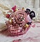 Bague Jardin Po&eacute;tique brod&eacute;e avec du lin Rose, une dentelle Violine des ann&eacute;es 1950, &eacute;tamines, toupie, perles rondes nacr&eacute;es Rose en Cristal, feuille Nacre Naturel, fleurs lucites, perles et rocailles