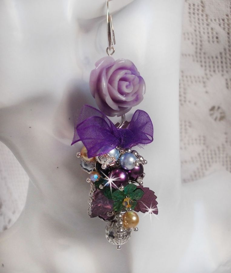 BO Bell'issim Violet et ivoire  avec des beaux Cristaux et perles semi-pr&eacute;cieuses