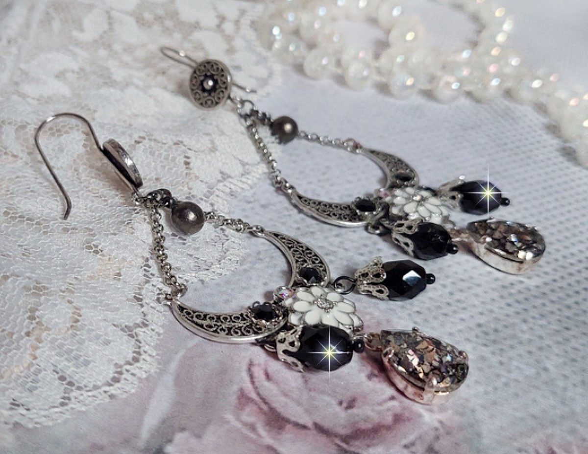 BO Bohochic argent&eacute;es et Noir cr&eacute;es avec des cabochons poire en cristal, breloque &eacute;poxy, poires en verre sur des crochets d'oreilles en argent 925