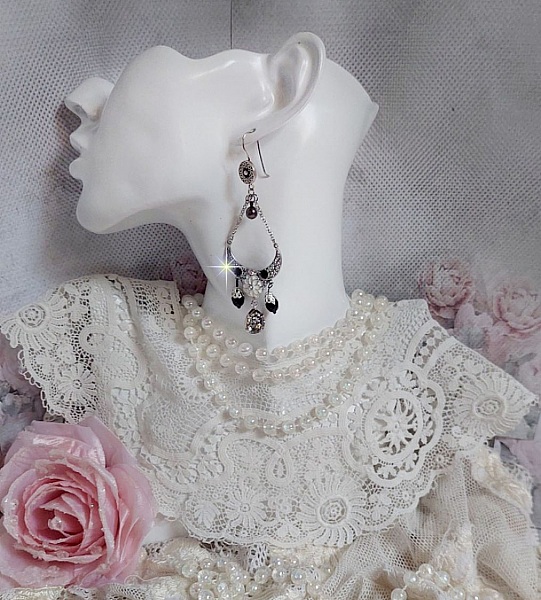 BO Bohochic argent&eacute;es et Noir cr&eacute;es avec des cabochons poire en cristal, breloque &eacute;poxy, poires en verre sur des crochets d'oreilles en argent 925