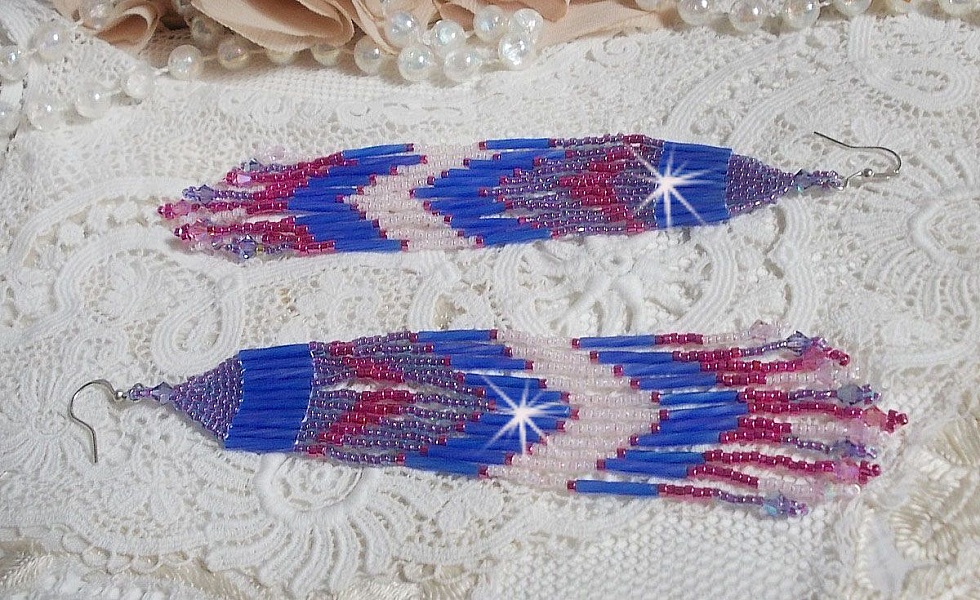 BO Constellation aux rocailles et tubes en Verre, toupies en cristal et crochets en Argent 925/1000 