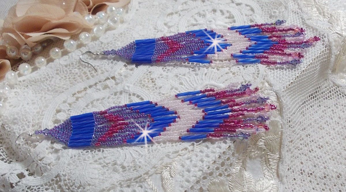 BO Constellation aux rocailles et tubes en Verre, toupies en cristal et crochets en Argent 925/1000 