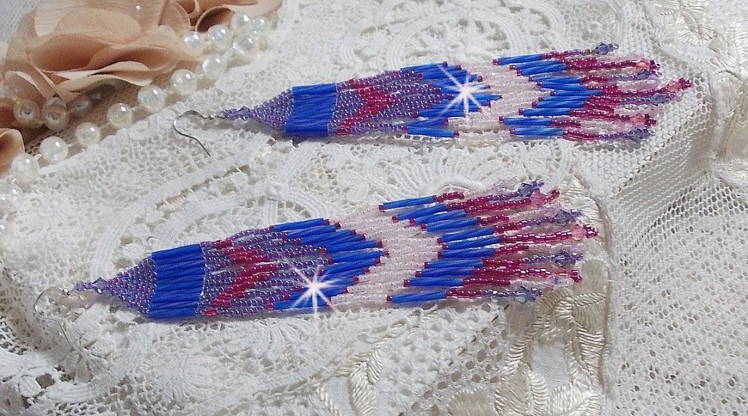 BO Constellation aux rocailles et tubes en Verre, toupies en cristal et crochets en Argent 925/1000 
