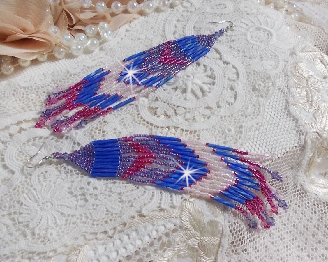 BO Constellation aux rocailles et tubes en Verre, toupies en cristal et crochets en Argent 925/1000 