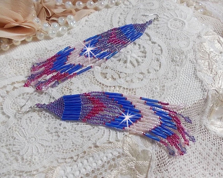 BO Constellation aux rocailles et tubes en Verre, toupies en cristal et crochets en Argent 925/1000 