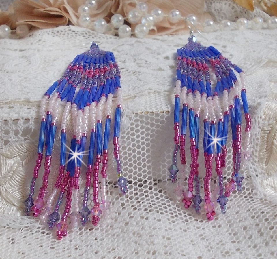 BO Constellation aux rocailles et tubes en Verre, toupies en cristal et crochets en Argent 925/1000 