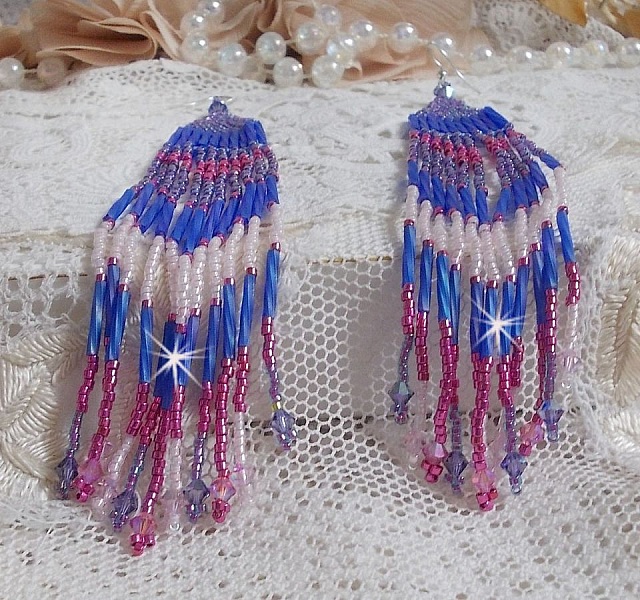 BO Constellation aux rocailles et tubes en Verre, toupies en cristal et crochets en Argent 925/1000 