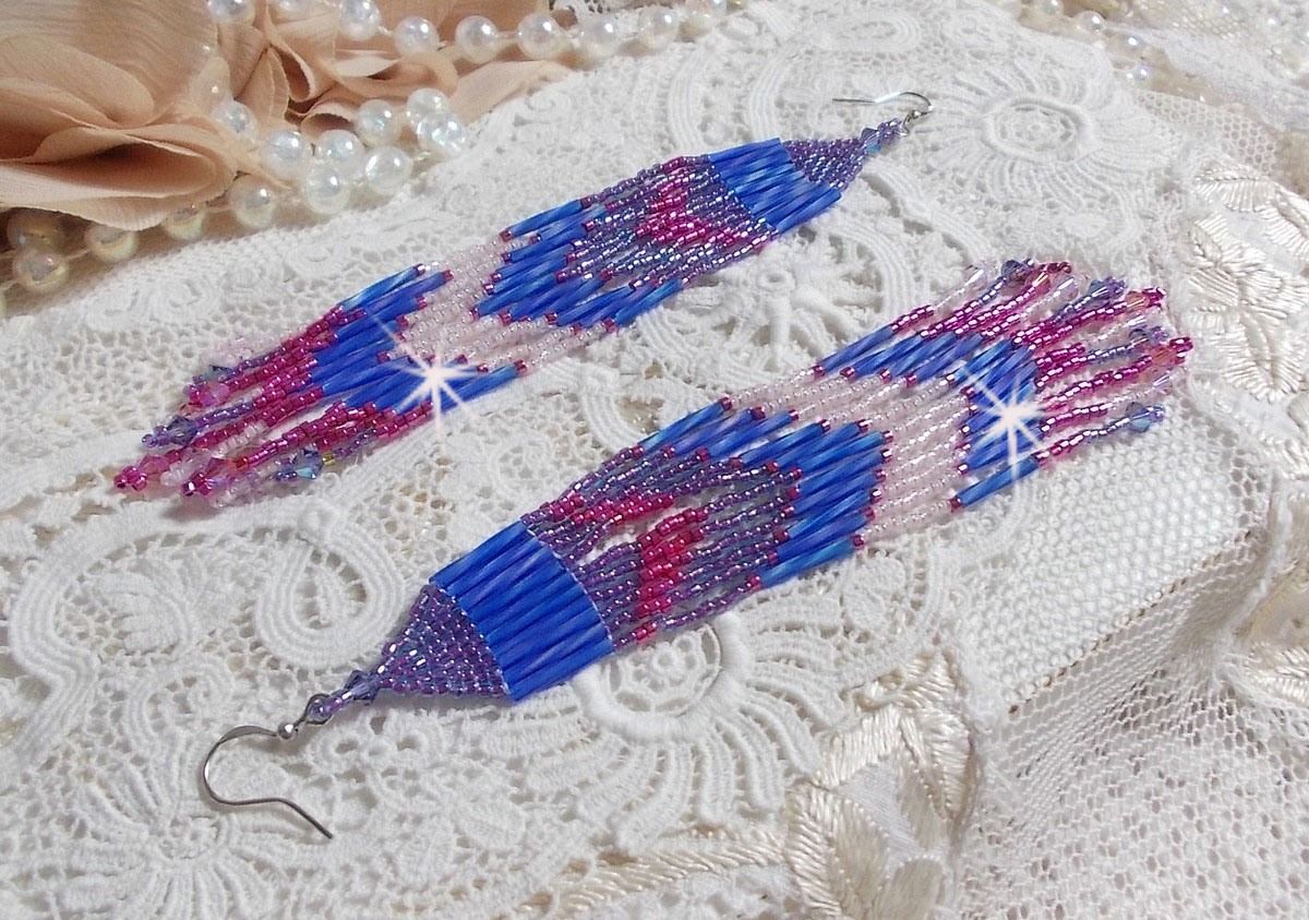BO Constellation aux rocailles et tubes en Verre, toupies en cristal et crochets en Argent 925/1000 