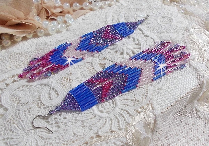 BO Constellation aux rocailles et tubes en Verre, toupies en cristal et crochets en Argent 925/1000 
