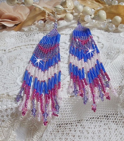 BO Constellation aux rocailles et tubes en Verre, toupies en cristal et crochets en Argent 925/1000 