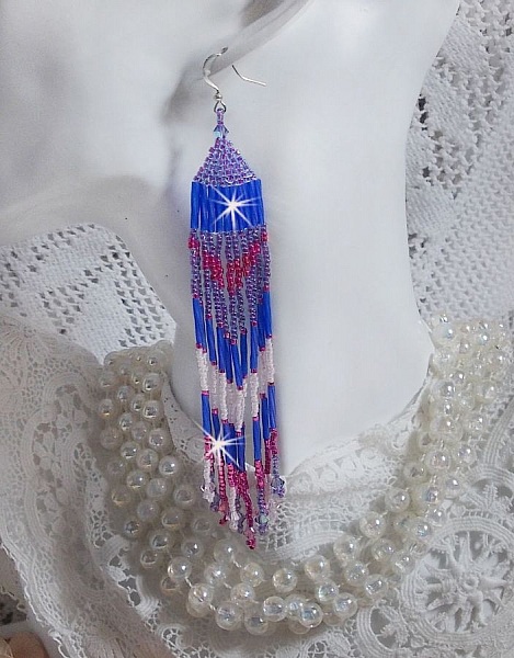 BO Constellation aux rocailles et tubes en Verre, toupies en cristal et crochets en Argent 925/1000 