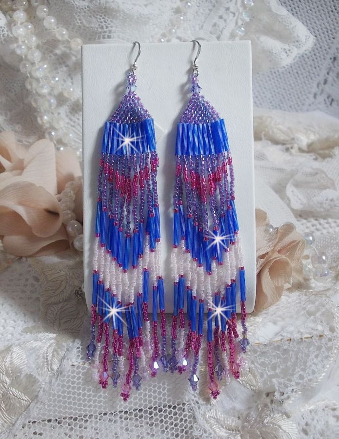 BO Constellation aux rocailles et tubes en Verre, toupies en cristal et crochets en Argent 925/1000 