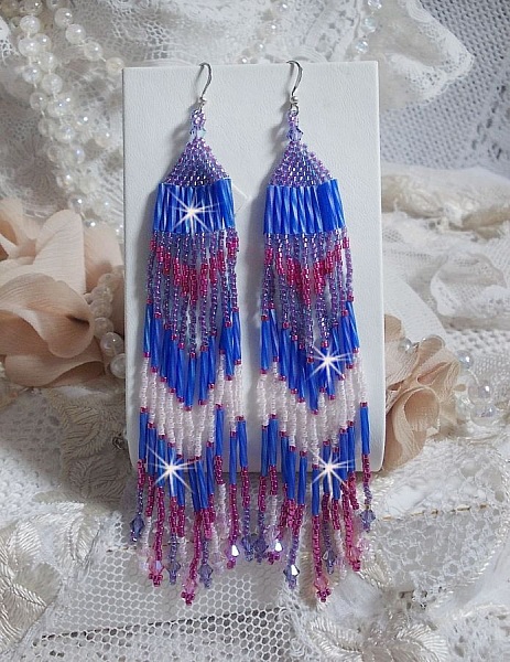 BO Constellation aux rocailles et tubes en Verre, toupies en cristal et crochets en Argent 925/1000 