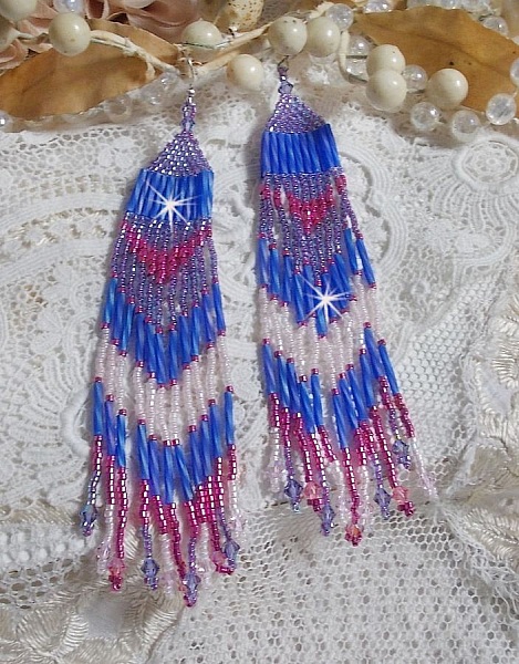 BO Constellation aux rocailles et tubes en Verre, toupies en cristal et crochets en Argent 925/1000 