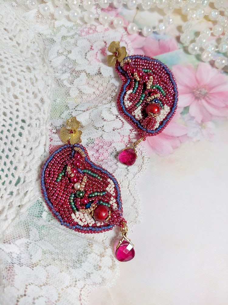 BO Enchantement d'Automne brod&eacute;es avec rocailles, perles rondes nacr&eacute;es et cristaux Swarovski