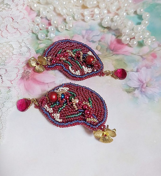 BO Enchantement d'Automne brod&eacute;es avec rocailles, perles rondes nacr&eacute;es et cristaux Swarovski