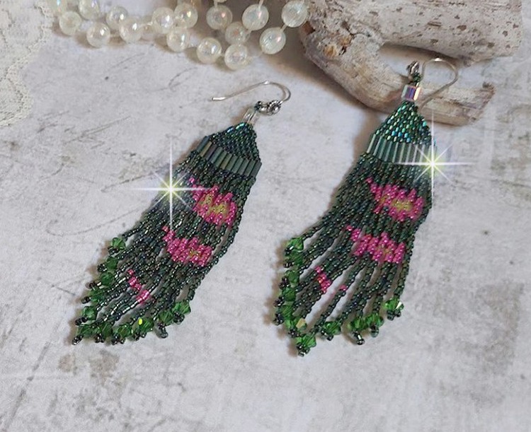 BO Evasion mont&eacute;es avec rocailles verres, tubes, perles cristal Swarovski et crochets d&rsquo;oreilles Argent 925