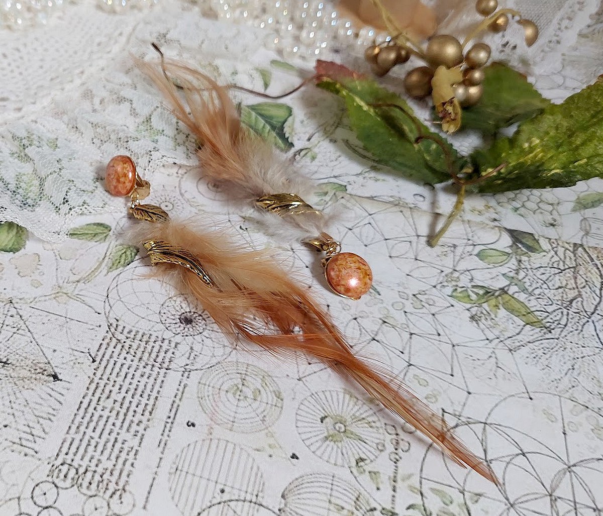 BO Grandes Plumes Ambre mont&eacute;es avec des plumes de Coq trois tons, breloques feuilles torsad&eacute;esl, cabochons en Verre et clips d&rsquo;oreilles en laiton