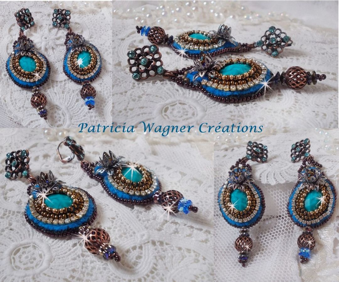 BO Ilycia Charming brod&eacute;es avec deux cabochons facett&eacute;s Turquoise, cristaux comme : fleurs, cha&icirc;ne strass, cabochons aux couleurs Bleues et Cristal &agrave; laquelle s'ajoute des rocailles et des dormeuses