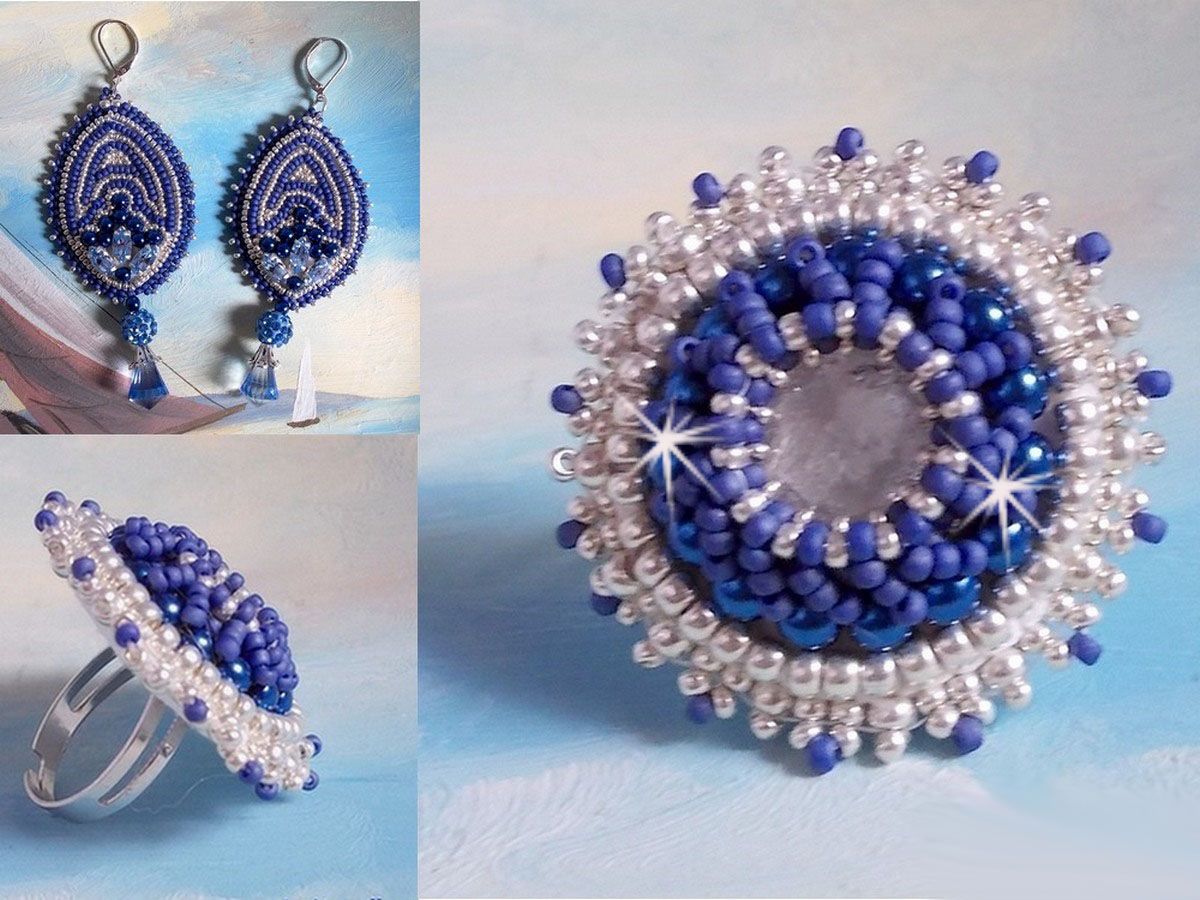BO Marine Blue brod&eacute;es avec des navettes en Cristal de Swarovski &agrave; laquelle s'ajoute perles rondes en Cristal plasticine, perles nacr&eacute;es, pampilles et rocailles. Mont&eacute;es sur dormeuses en Argent 925