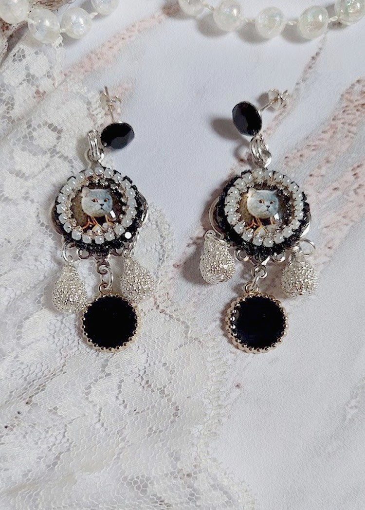BO Mimichat Steampunk avec cabochons verres, strass, breloques &eacute;poxy, perles cristal Swarovski et clous argent