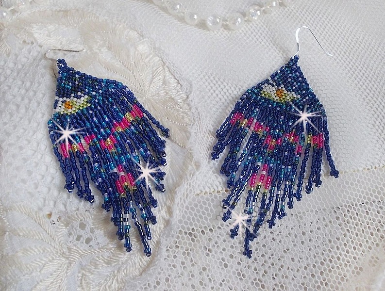 BO N&eacute;nuphars mont&eacute;es avec des rocailles et crochets d'oreilles en argent 925/1000. 