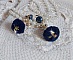 Boucles d'oreilles clips bleu marine avec pompons et perles.