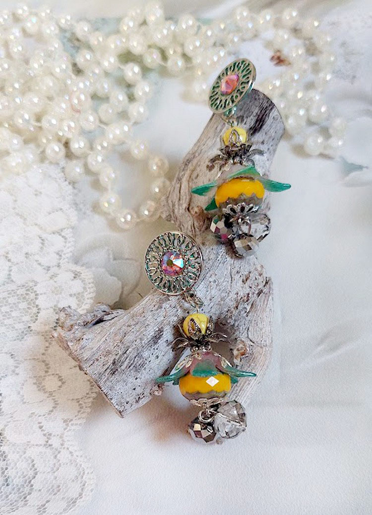 BO C&acirc;line mont&eacute;es avec perles potiron verre, facettes, coupelles, fleurs et perles cristal Swarovski