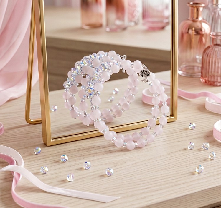 Bracelet Carrousel en Quartz cr&eacute;&eacute; avec pierres de gemme : le Quartz, breloque arbre de vie et perles Cristal Swarovski