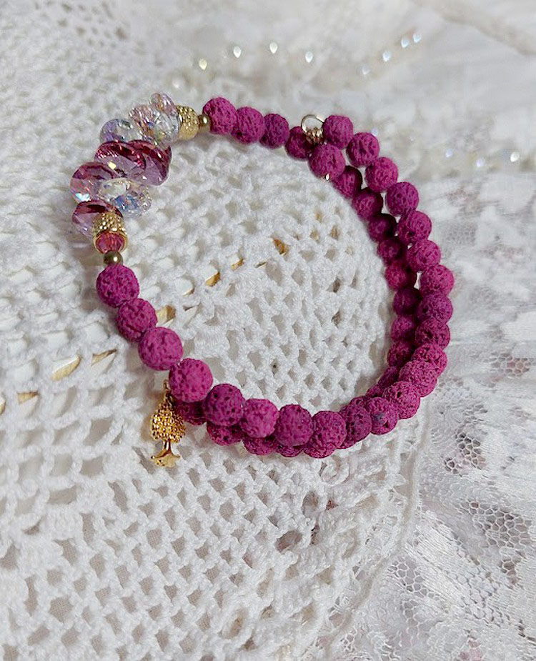 Bracelet bohème chic en pierres de lave rose framboise.