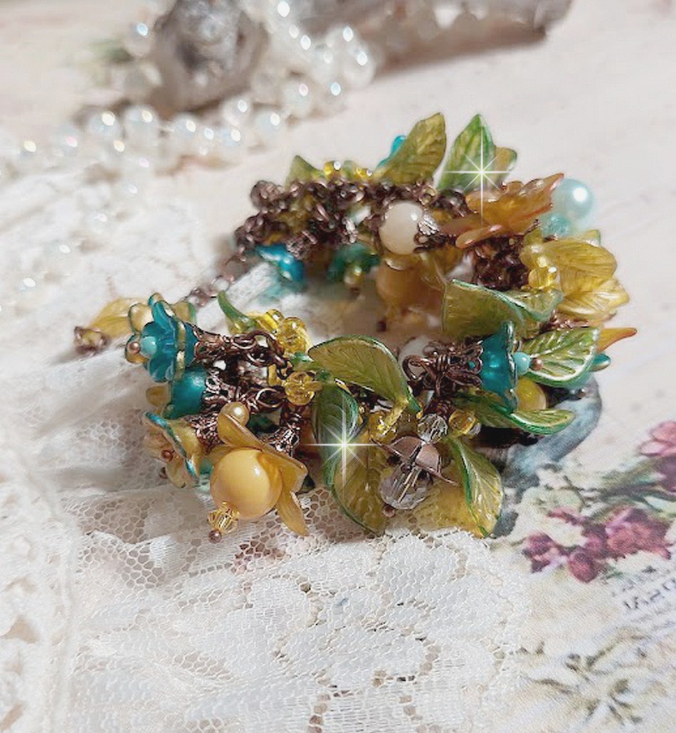 Bracelet Cézanne fleuri avec perles d'aventurine et jade jaune.
