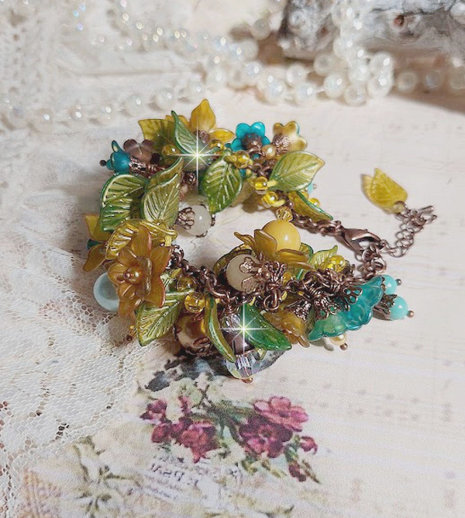 Bracelet Cézanne fleuri avec perles d'aventurine et jade jaune.