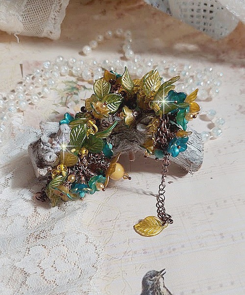 Bracelet Cézanne fleuri avec perles aventurine et jade jaune.