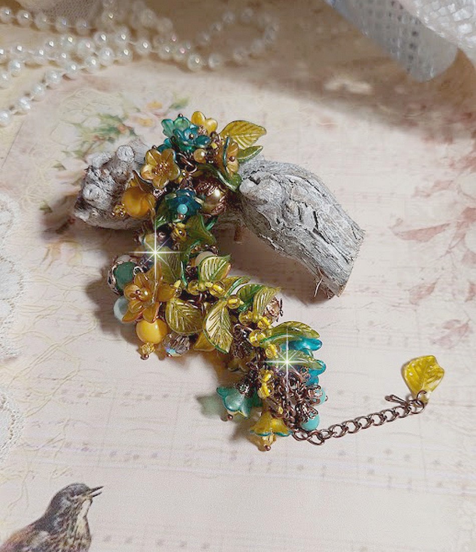 Bracelet Cézanne fleuri avec perles aventurine et jade jaune.