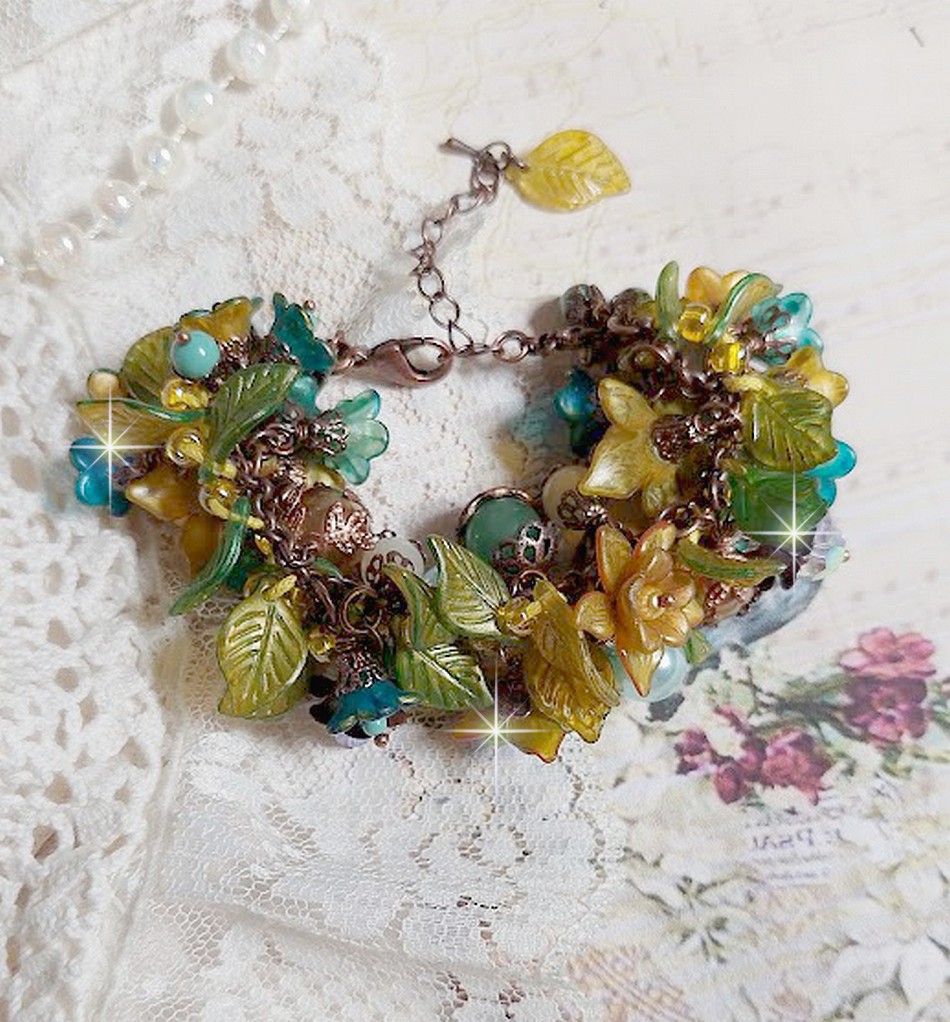Bracelet Cézanne fleuri avec perles d'aventurine et jade jaune.