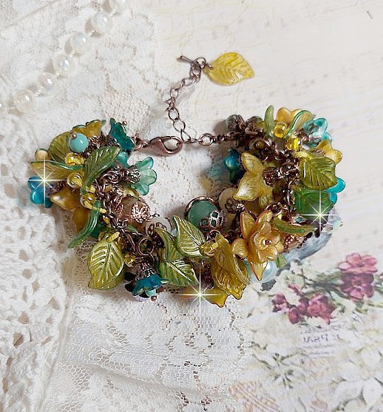 Bracelet Cézanne fleuri avec perles d'aventurine et jade jaune.