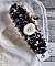 Bracelet Noir Sacr&eacute; Haute Couture brod&eacute; avec des cristaux : navette, h&eacute;lix Bead,, toupies, breloque fleur strass&eacute;e,  perles rondes nacr&eacute;es Verre et rocailles. Les couleurs sont le Noir, Blanc et Dor&eacute;