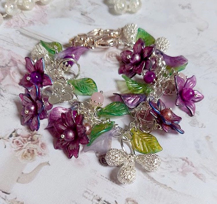 Bracelet Valentine Rose avec fleurs, perles et feuilles acryliques, gouttes, perles de gemme et bracelet argent&eacute; m&eacute;tal