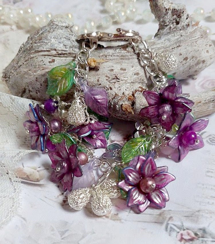 Bracelet Valentine Rose avec fleurs, perles et feuilles acryliques, gouttes, perles de gemme et bracelet argent&eacute; m&eacute;tal