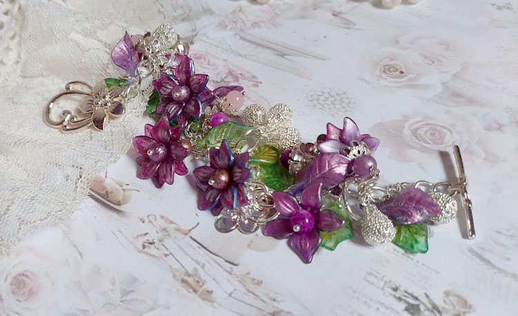Bracelet Valentine Rose avec fleurs, perles et feuilles acryliques, gouttes, perles de gemme et bracelet argent&eacute; m&eacute;tal