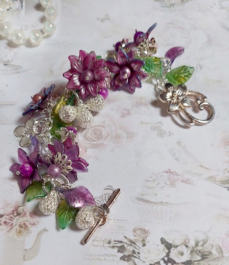 Bracelet Valentine Rose avec fleurs, perles et feuilles acryliques, gouttes, perles de gemme et bracelet argent&eacute; m&eacute;tal