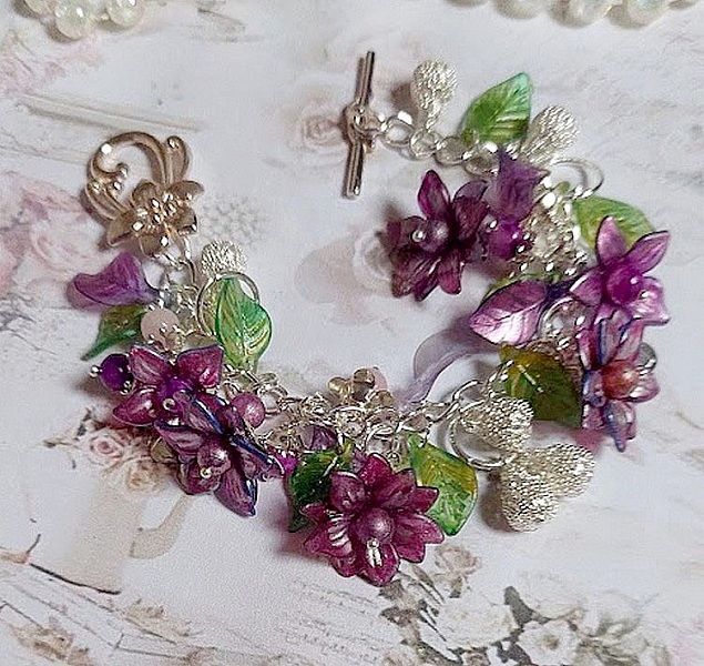 Bracelet Valentine Rose avec fleurs, perles et feuilles acryliques, gouttes, perles de gemme et bracelet argent&eacute; m&eacute;tal