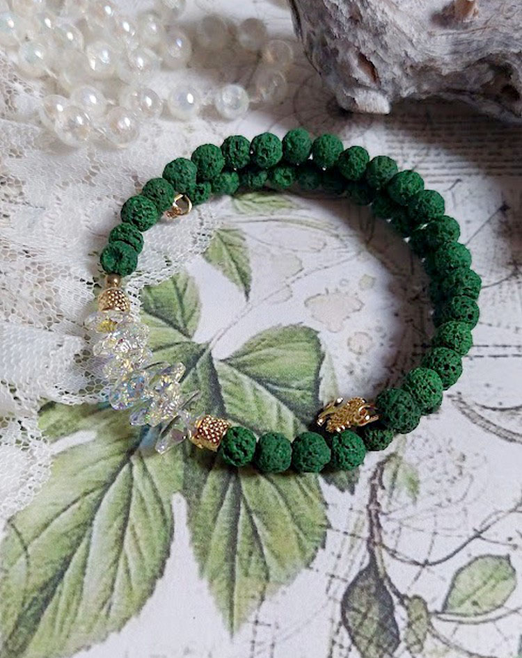 Bracelet couronne émeraude en pierre de lave et cristal Swarovski.
