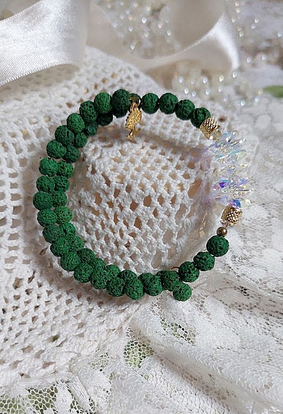 Bracelet double rangs en pierre de lave verte émeraude.