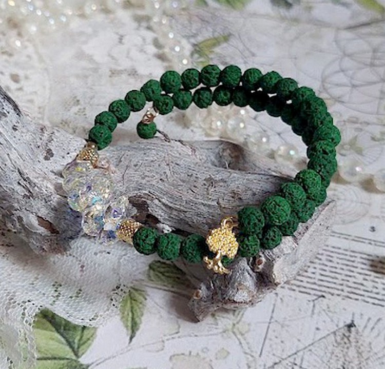 Bracelet deux rangs pierres de lave émeraude et arbre vie.