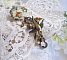 Broche Colombes aux plumages blancs avec des breloques filigran&eacute;es gouttes et lisses, perles rondes et n&oelig;ud en cristal, ruban organza cr&egrave;me, pendentif plaqu&eacute; or avec un zircon sur une broche en m&eacute;tal
