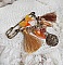 Broche artisanale automnale avec strass, pompons et gouttes verre.