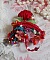 Broche Ombrelle Rubis brod&eacute;e avec un ruban de soie Rouge, des cristaux de Swarovski, des fleurs Lucite, des perles en verre de Boh&egrave;me et des rocailles