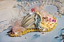 Broche ombrelle artisanale fleurie en perles, rubans et dentelle.