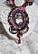 Plastron Belle Romance Haute Couture de style vintage avec cabochon en bois repr&eacute;sentant une femme &agrave; chapeau, orn&eacute; de cristaux, disques en Nacre Acajou et Prune, rocailles, fleurs et feuilles Lucite